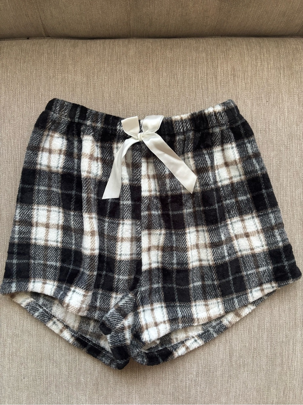 black, beige & white plaid with bow soft fuzzy comfy loungewear pj shorts